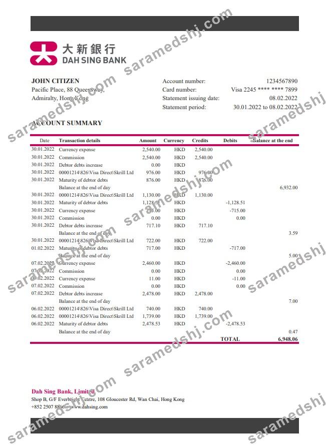 Hong Kong DAH Sing Bank statement